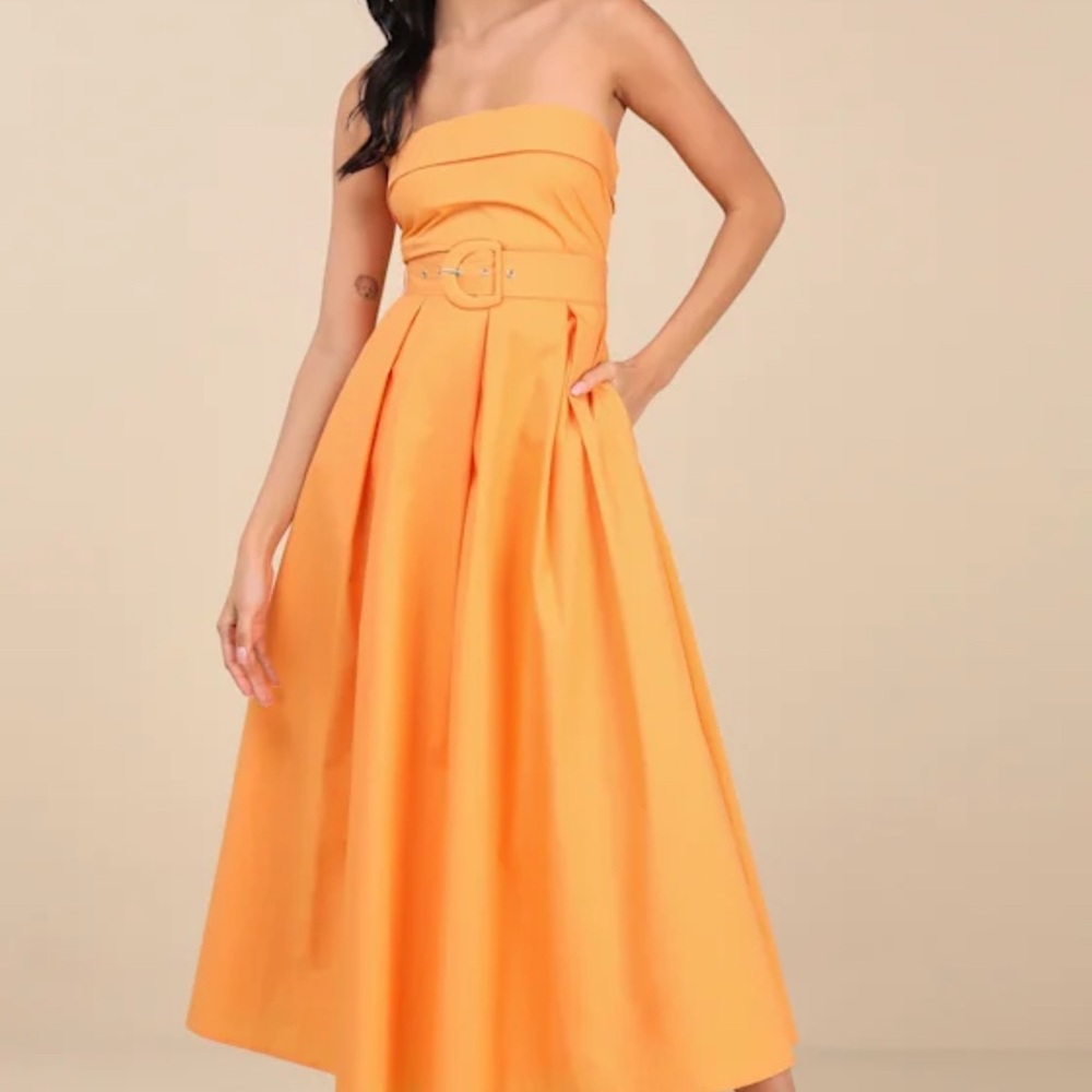 LULUS Trendsetting Choice Orange Strapless Midi Dress With Pockets Sz L NEW, NWT